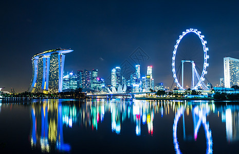 新加坡市夜间办公室商业建筑摩天轮车轮展示城市天空景观地标图片