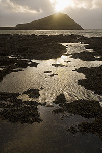 蓝天白云大海日落时海滨的远视背景