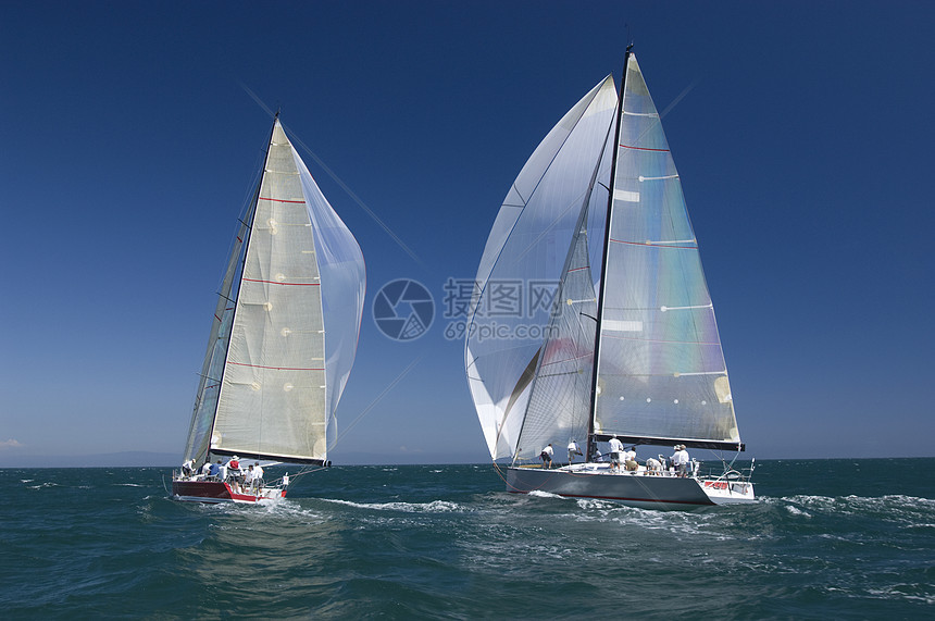 两艘游艇在加利福尼亚州队帆船赛地平线航海团队蓝天海洋体育对抗水车竞技风速图片