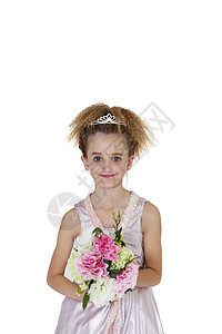 美丽的伴娘的肖像 带着花束在白色背景上图片
