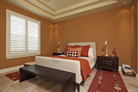 卧室内部奢华家具正方形枕头红色设计家庭房间小地毯橙子图片