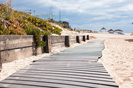 木板在海滩上行走的近视地平线游客小路木头活动海洋平底锅支撑地形地面图片