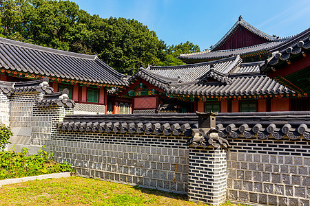 韩国传统建筑朝鲜传统建筑蓝色文化装饰品古董雕塑寺庙天空历史房子丹青图片