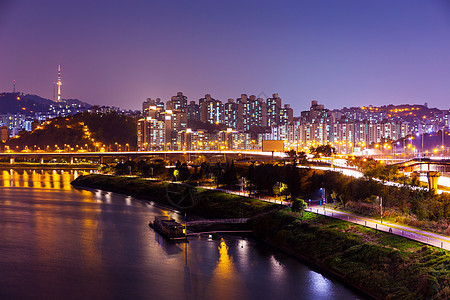 首尔市夜间公吨通道踪迹公司天际建筑学景观市中心城市海景图片