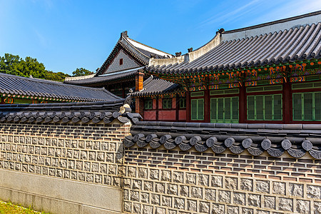 韩国传统建筑朝鲜传统建筑水泥蓝色建筑学丹青天空寺庙植物房子装饰品古董图片