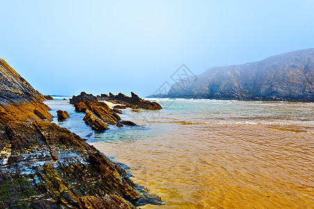 薄雾植物支撑泡沫地平线季节海滩岩石海景波浪海洋图片