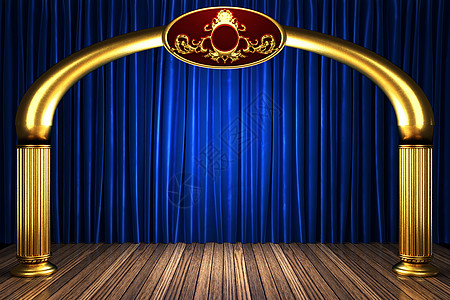 金舞台上的蓝布帘幕蓝色仪式奖项奢华天鹅绒娱乐织物宣传装饰装潢背景图片