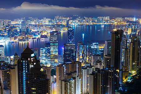 晚上在香港场景风景市中心景观顶峰都市摩天大楼夜景港口天际图片