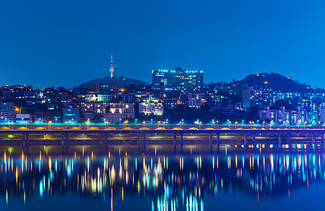 晚上在首尔景观住宅市中心建筑天际城市建筑学地标风景场景背景图片