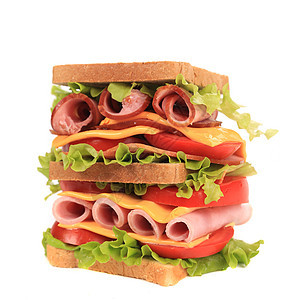 大三明治和新鲜蔬菜面包沙拉小吃家禽芝麻种子熏制垃圾食物火腿图片