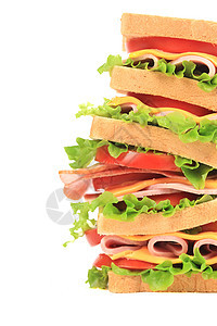 大三明治和新鲜蔬菜面包火腿种子垃圾熏制沙拉芝麻小吃家禽食物图片