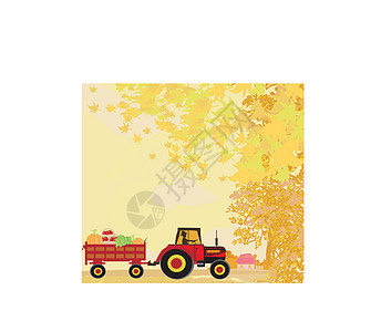 男子驾驶拖拉机 拖车里装满了自闭膜蔬菜场景木头插图动物群树叶南瓜村庄房子风景植物群图片