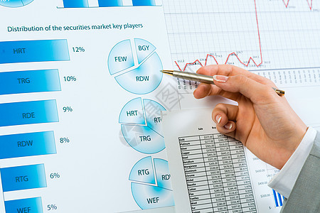 在财务图表上用女性手笔指着手指议程报告生意人审查办公室经济学文档研讨会数据图片