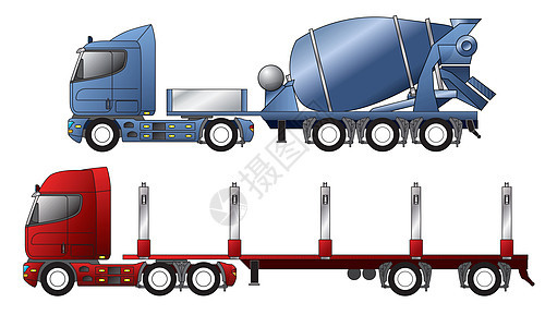 配有搅拌机和木材拖车的卡车图片
