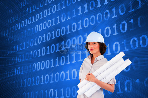 持有建筑计划的妇女的复合形象图象计算机蓝色蓝图头发建筑师职业头盔技术快乐辉光图片
