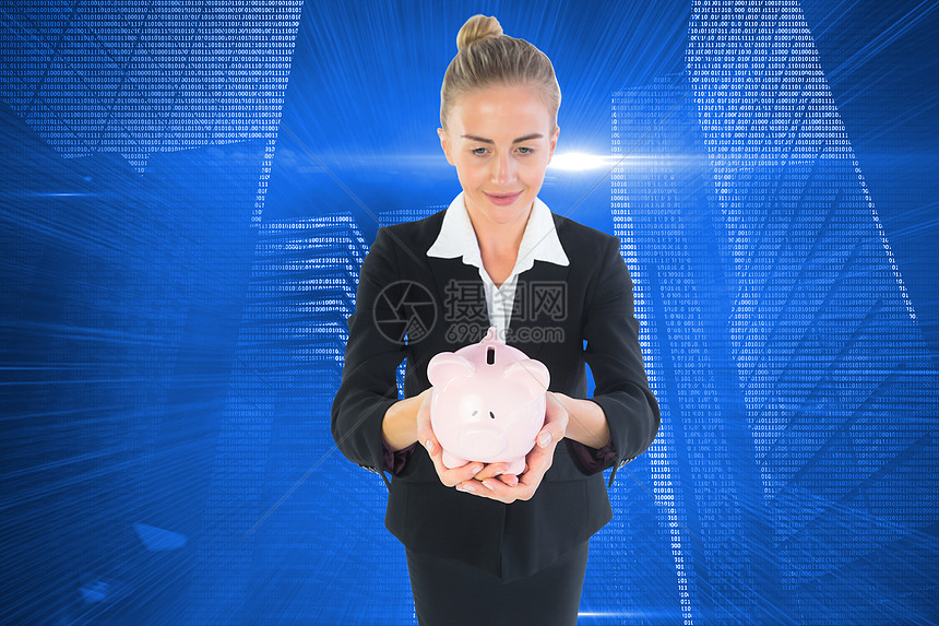 拥有粉红猪银行的女商务人士的综合形象金发商务头发计算机女性商业存钱罐浅色金发女郎经济图片