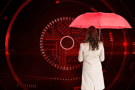 女商务人士的复合形象 站在摄像头后面 拿着红色伞未来派棕色夹克绘图头发庇护所拨号人士计算电路板图片