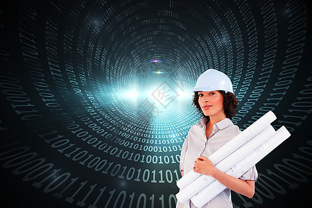 自信女性持有施工计划的综合形象职业圆圈衬衫棕色计算机技术绘图蓝图编码微笑图片