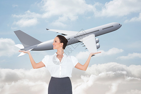 喜悦优雅的女商务人士装扮综合形象计算机旅行航班商务女士航空微笑绘图蓝色裙子图片