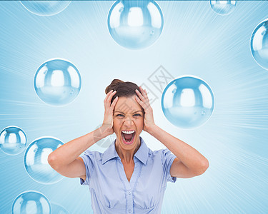 身戴手顶的紧张女商务人士形象综合图象衬衫女士挫折水分人士商业商务女性气泡蓝色图片