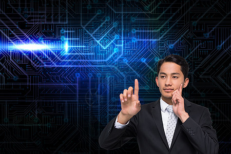 深思熟虑的亚洲商务人士指出 在触摸屏计算商业技术辉光曲线蓝色手势未来派职业图片