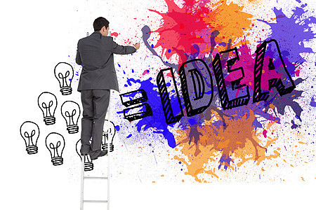 商务人士在阶梯上站立的复合形象商业飞溅灯泡计算机绘图公司梯子动力人士夹克图片