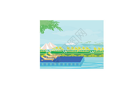 热带海滩上的游泳池海洋木头棕榈幸福泳池酒店旅游汽艇游泳异国图片