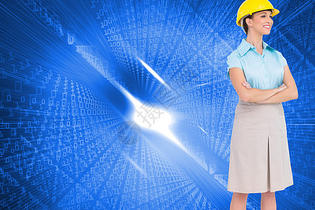 微笑的有魅力建筑师装扮的复合形象头盔线条棕色计算机女性裙子蓝色编码职业穿越图片