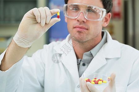 男性科学家分析实验室中的药片 在实验室中医学药品职业维生素研究员手套实验药店审查专注图片