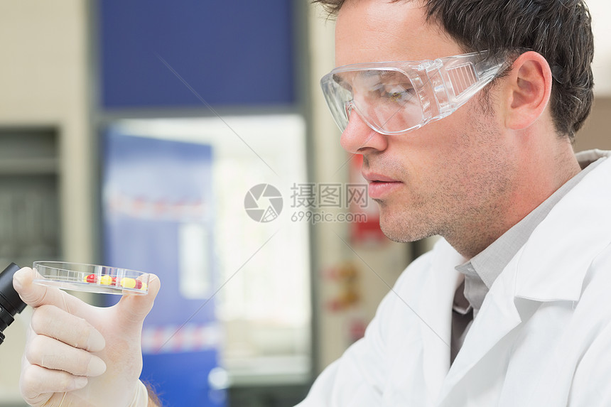 男性科学家分析实验室的药丸图片