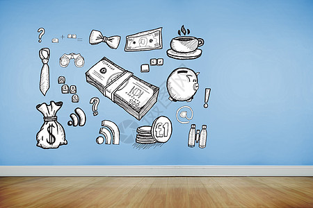 在蓝色墙上绘制图形房间地面利润地板绘图储蓄存钱罐计算机货币银行业图片
