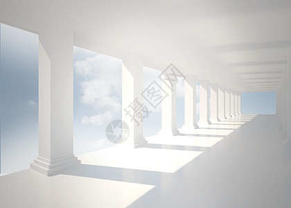 带列的明亮白厅房间大厅天空门厅走廊窗户计算机绘图多云背景图片