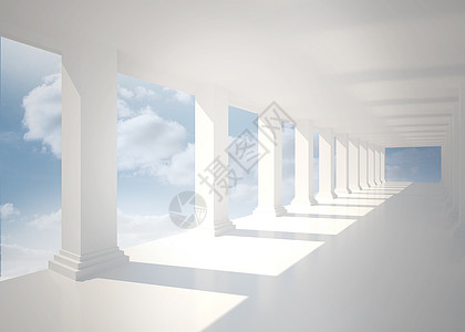 带列的明亮白厅多云计算机走廊房间窗户大厅绘图门厅天空背景图片