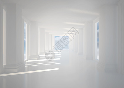 带列的明亮白厅阳光大厅计算机窗户房间天空多云走廊门厅绘图背景图片