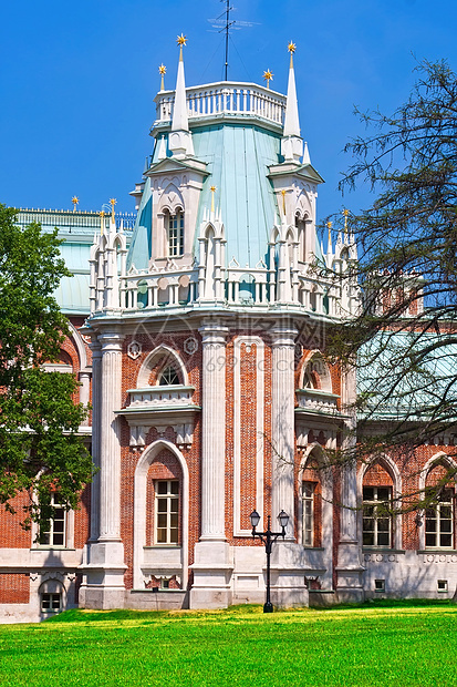 莫斯科沙里西诺Tsaritsyno绿色博物馆旅行历史地标红色文化天空建筑公园图片