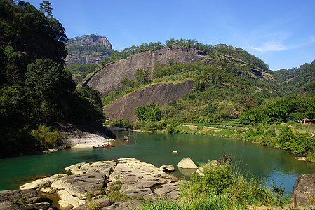 中国福建省武伊山峡谷 中国流动环境晴天林地吸引力旅行太阳木头风景旅游图片