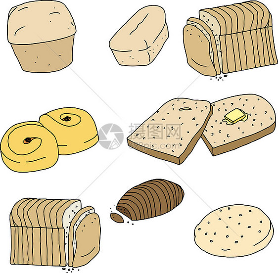 各种面包和卷饼面包屑藏红花滚球卡通片糖果黄油插图圆形团体沙拉图片