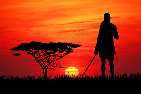 非洲男子马赛人动物太阳旅行男人舞蹈旅游日落插图原住民背景图片