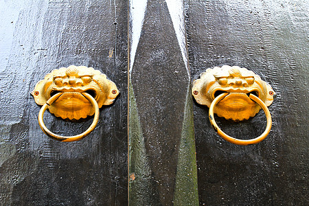 旧中国门金属古董木头金子建筑学装饰品宗教寺庙入口狮子图片