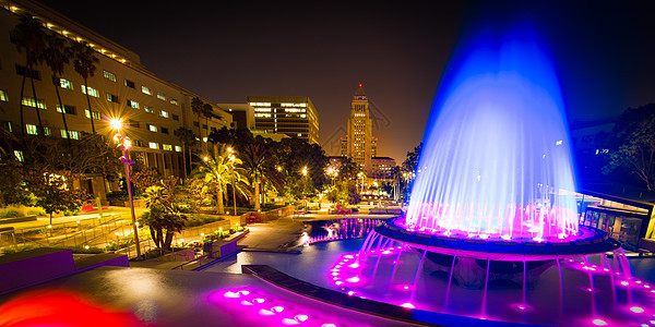 洛杉矶市政厅 从大公园里看到目的地地方喷泉全景市中心摄影外观运动风光色彩图片