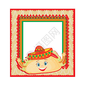 滑稽塔克斯字符 墨西哥框架卡微笑盘子帽子快乐卡通片插图食物手势营养小吃图片