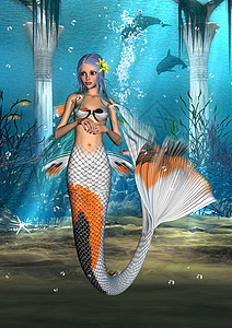 美人鱼灯泡童话魔法女性蓝色生物藻类女孩神话插图图片