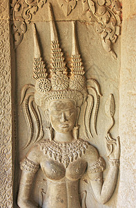 Devata 吴哥渡寺 暹粒 Cambodi的长城救济墙寺庙废墟飞天宽慰舞蹈家世界纪念碑雕刻地标收获图片