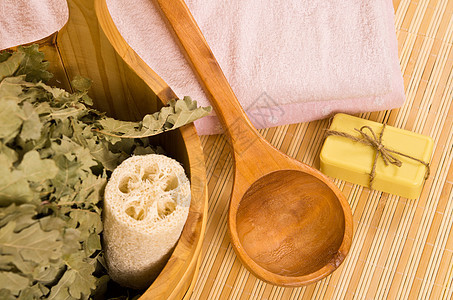 Sauna 配件粉色盘子浴室勺子竹子绿色扫帚海绵卫生肥皂图片