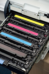 彩色激光打印机墨粉墨墨盒喷射蓝色电脑草稿商业电子黄色技术红色青色图片