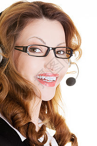 美丽的呼叫中心助手笑着微笑女士工作接待员帮助女性服务代理人秘书职员商务图片