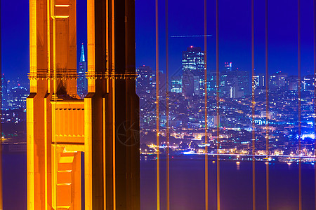 旧金山金门大桥的日落 通过电缆建筑物汽车反射蓝色建筑学旅行海洋运输工程交通图片