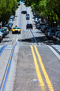 加利福尼亚州旧金山海德街Nob Hill民众运输旅行地标天空海岸树木建筑学电车海洋图片