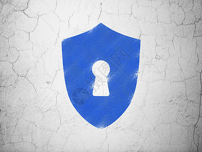 隐私概念盾与钥匙孔在墙上背景插图政策水泥裂缝蓝色犯罪密码代码钥匙安全图片