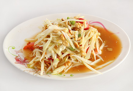 白桌上的木瓜沙拉文化美食辣椒螃蟹午餐柠檬草本植物热带蔬菜餐厅图片